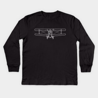 Vintage Sopwith Camel WW1 biplane fighter aircraft outline graphic (white) Kids Long Sleeve T-Shirt